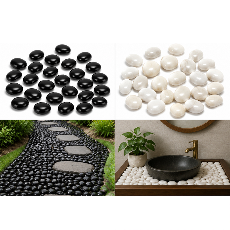 Aquarium Fish Land - ホワイト&ブラックポリッシュリバーロック200g-400g、滑らかな小石、水槽、水族館、砂利、庭、景観、家の装飾用 TMZ