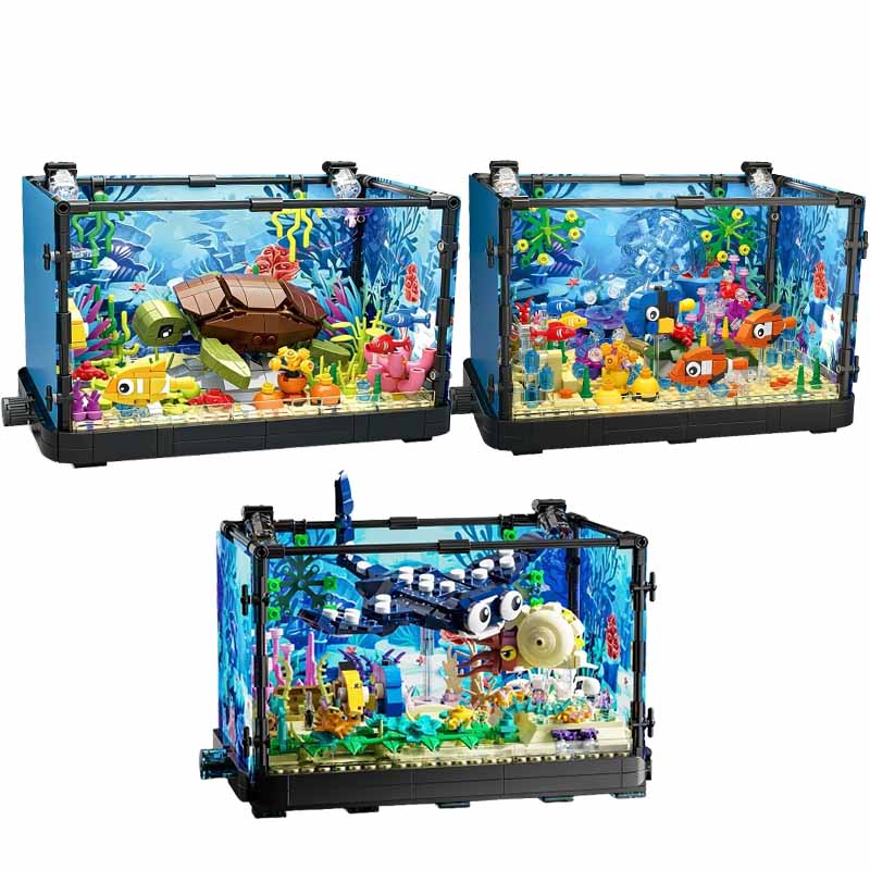 Aquarium Mini Fish - ライト付き水槽ビルディングブロックセット、水槽、海洋カメ、14歳以上の子供向けビルディングブロックおもちゃ、ギフト、家の装飾
